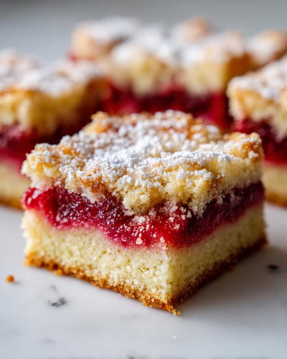 A square slice of Swirled Rhubarb Bars showing a bright red rhubarb filling between a cake base and a crumb topping dusted with powdered sugar.