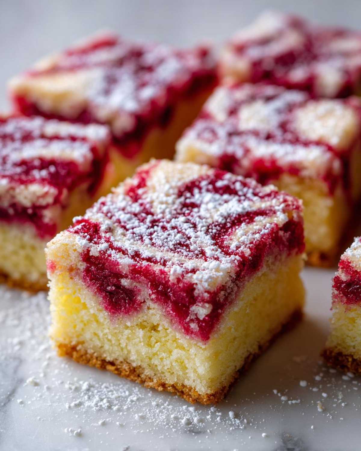 A close-up of a square piece of Swirled Rhubarb Bars, showing the bright pink swirl and dusting of powdered sugar on a marble surface.