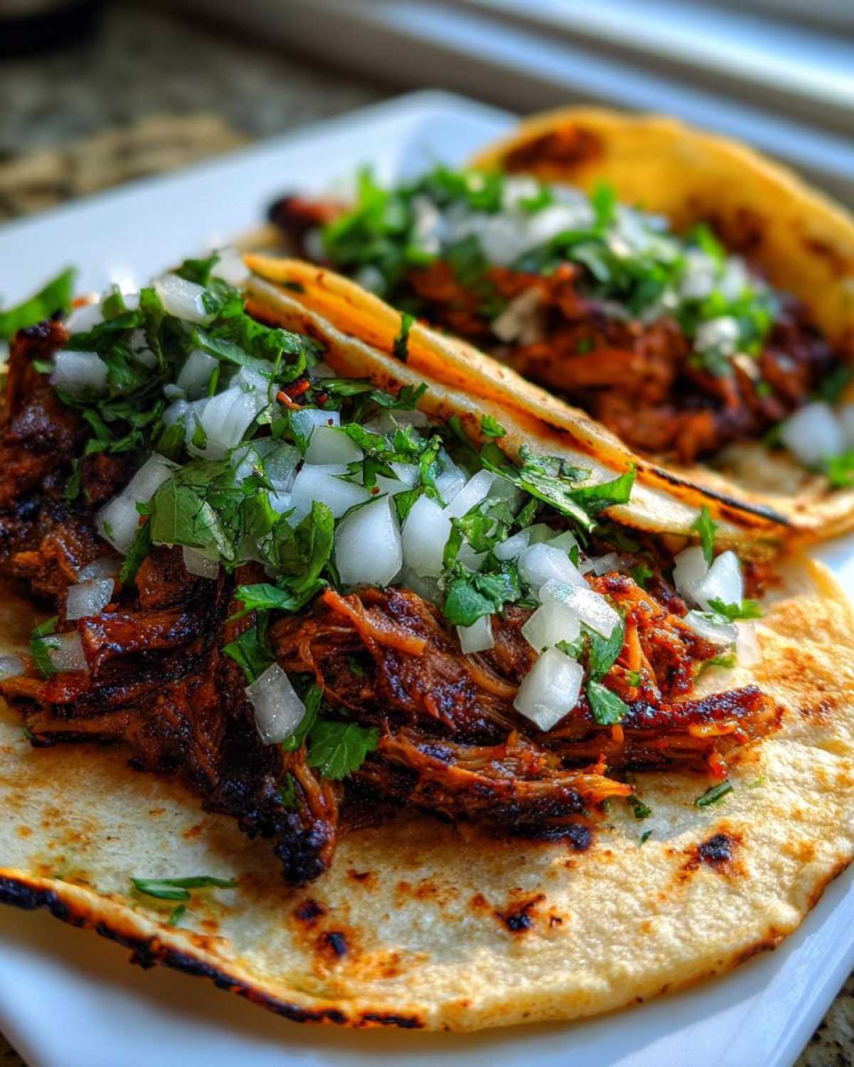 Close-up of two Tacos árabes served on warm tortillas, filled with shredded marinated meat and topped with diced white onion and cilantro.