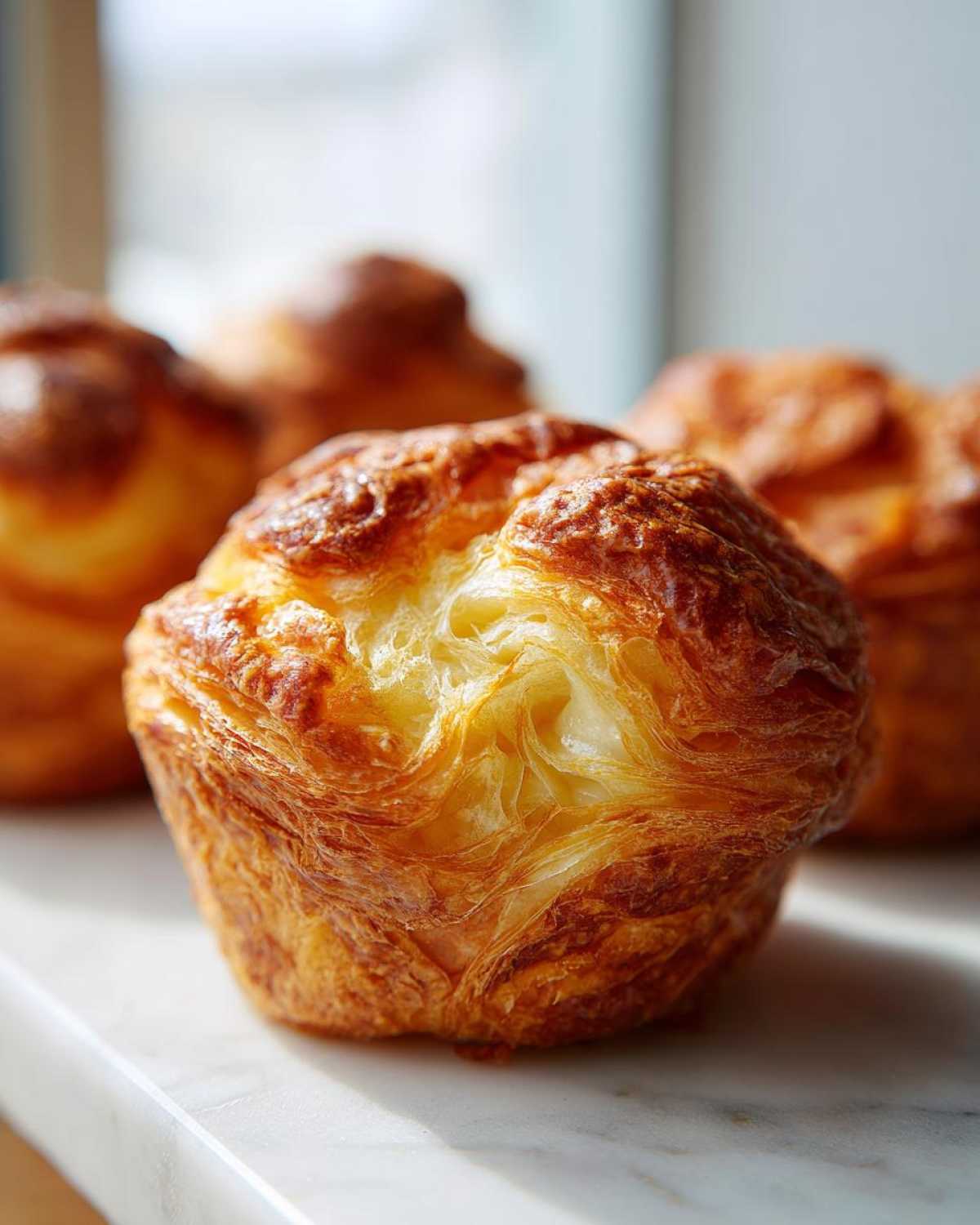 Close-up of a freshly baked Thousand layer mo pastry showing its flaky, golden-brown layers and crunch.