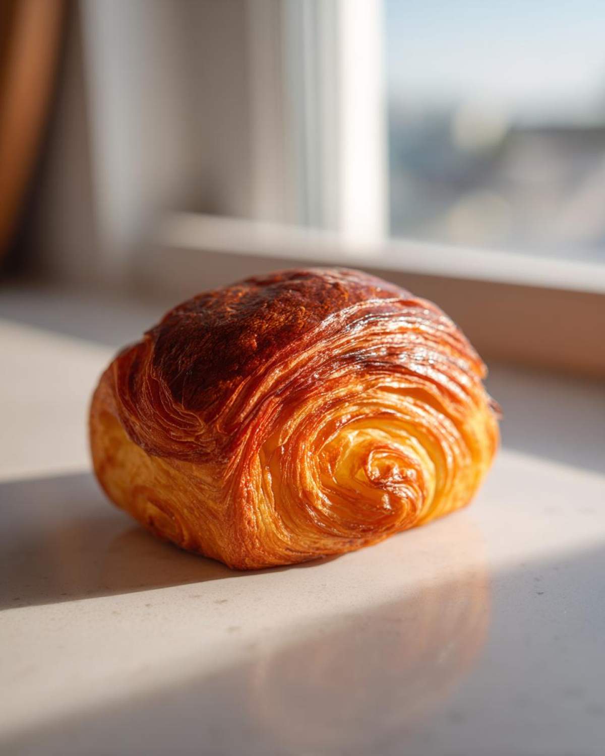 Close-up of a perfectly baked Thousand layer mo pastry with visible flaky layers and a golden-brown crust.